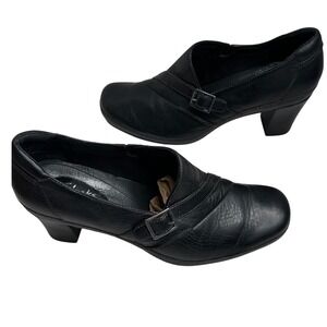 Clarks Women's Artisan Mules Clogs Heel Black Leather Buckle Slip On High 8.5 M
